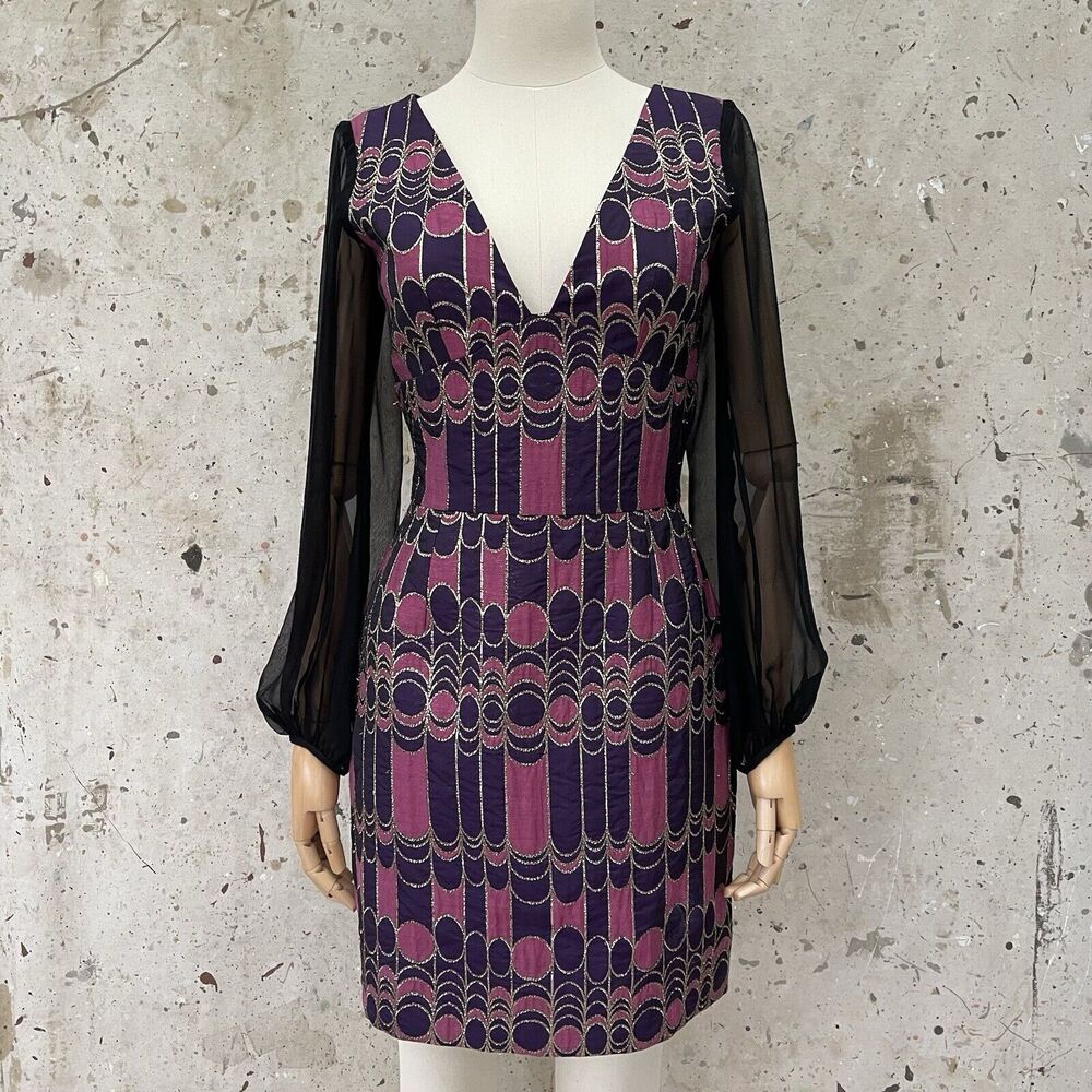 Trina Turk 60’s Style Op-Art Pattern Dress With Silk Chiffon Sleeves, Small - Picture 6 of 9